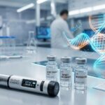 nvestigación de laboratorio metabólico con viales de péptidos y bolígrafo inyector de precisión para análisis de Retatrutida, Tirzepatida y Semaglutida.