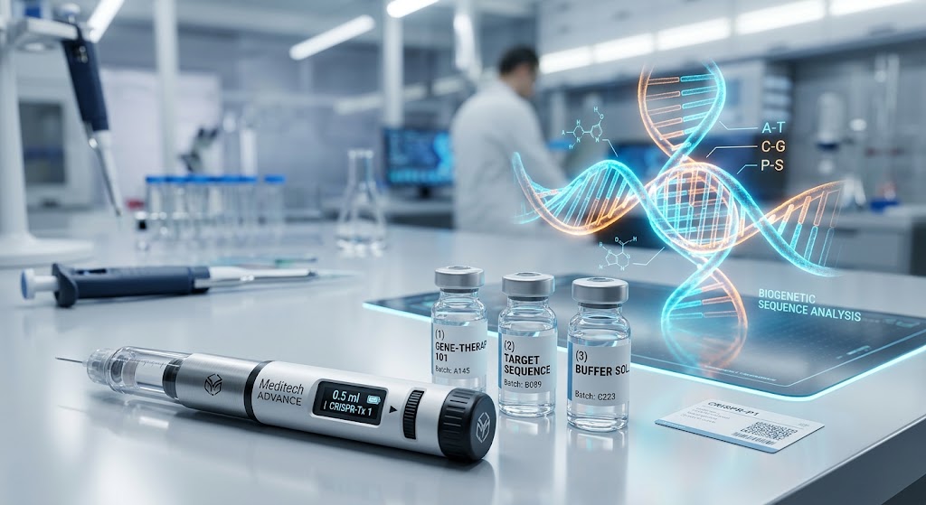 nvestigación de laboratorio metabólico con viales de péptidos y bolígrafo inyector de precisión para análisis de Retatrutida, Tirzepatida y Semaglutida.