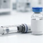 Vial de somatropina en polvo liofilizado junto a agua bacterióstática para reconstitución de hormona del crecimiento.