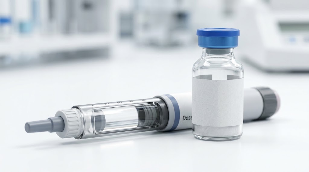 Vial de somatropina en polvo liofilizado junto a agua bacterióstática para reconstitución de hormona del crecimiento.