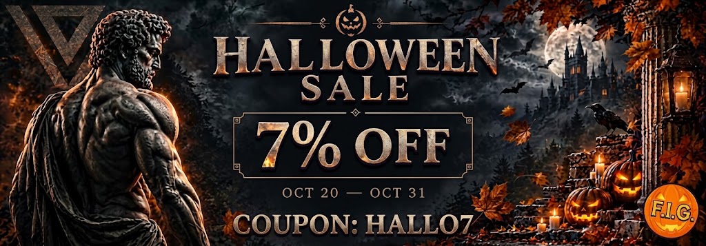 Banner promocional de Halloween con oferta del 7% de descuento utilizando el cupón HALLO7 en Farmacia Italiana Génova.