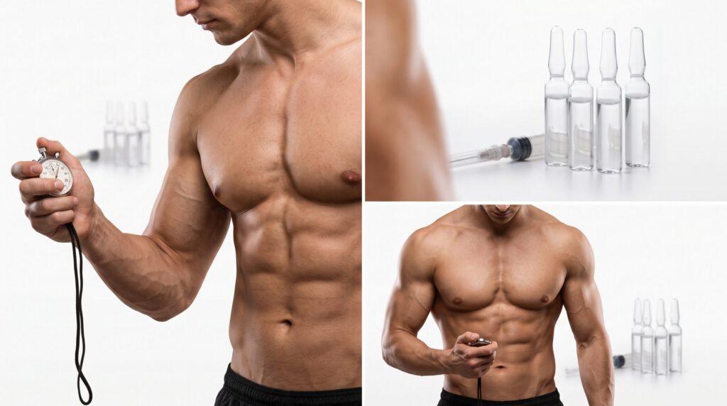 Vial de somatropina HGH y jeringa para inyección subcutánea en protocolo de definición muscular.