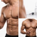 Vial de somatropina HGH y jeringa para inyección subcutánea en protocolo de definición muscular.