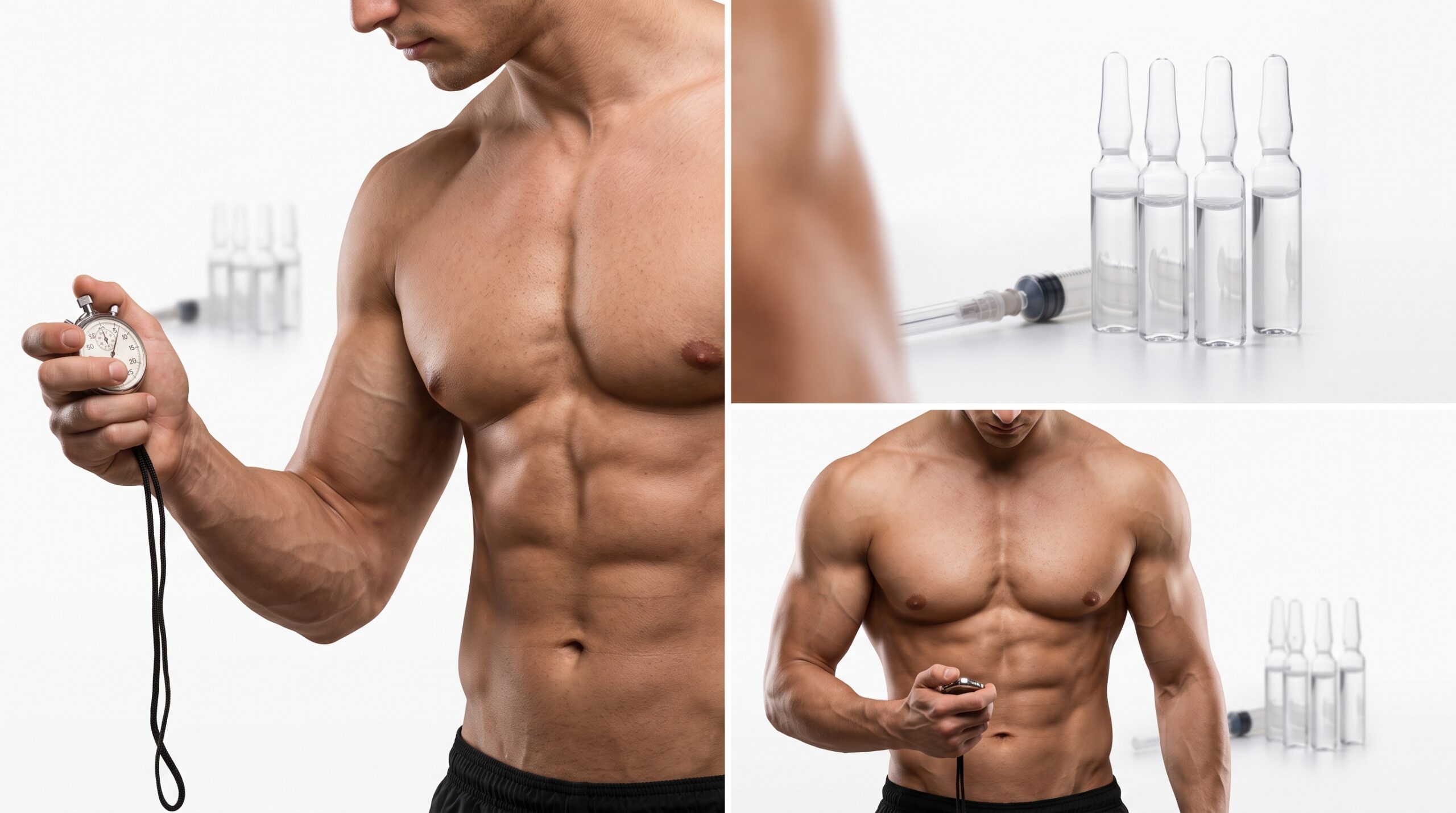 Vial de somatropina HGH y jeringa para inyección subcutánea en protocolo de definición muscular.